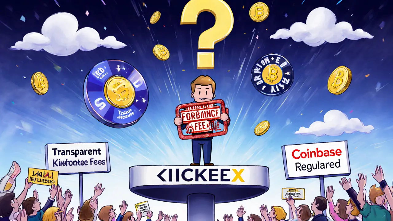 U.S. user on unstable platform labeled KickEX, while trusted exchanges stand safely below with clear benefits.