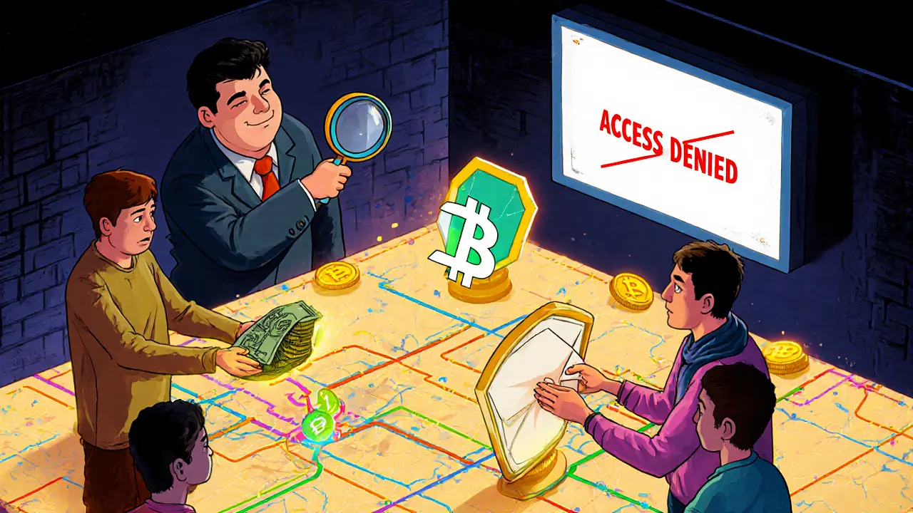 Underground crypto traders swapping DAI coins through glowing blockchain portals in a secret hub.