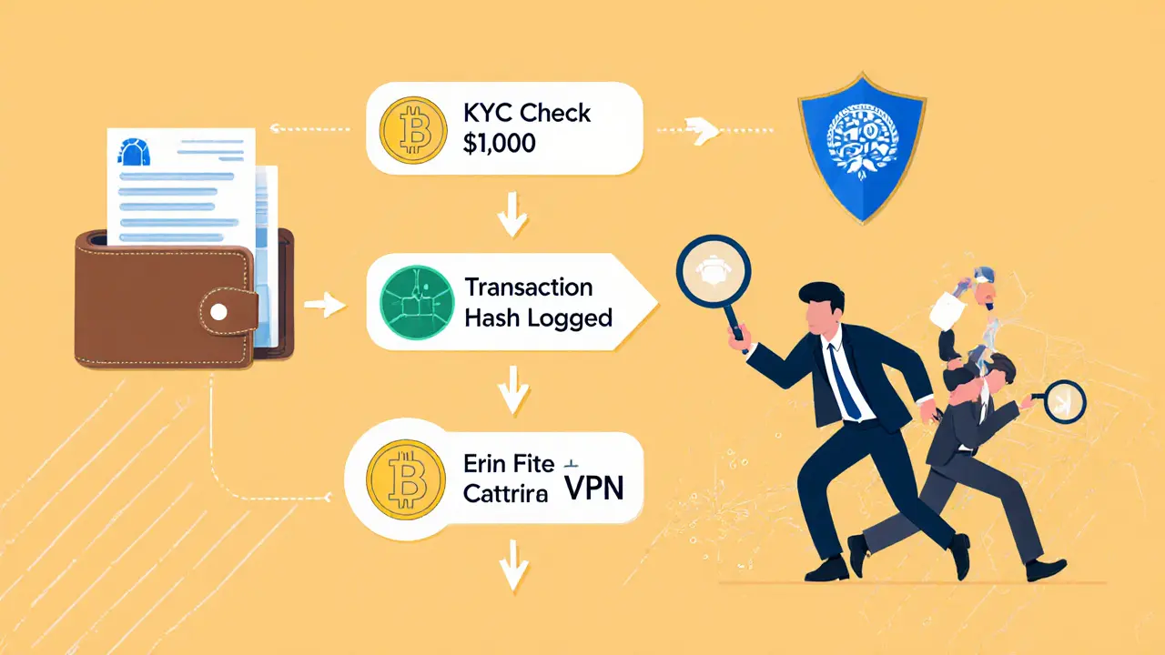User sending crypto to exchange with compliance steps shown, while a criminal using VPN is chased by regulators with shields.