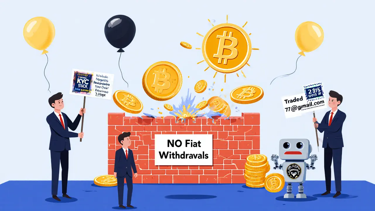 User unable to withdraw fiat, blocked by a wall while scam recovery ads float nearby.
