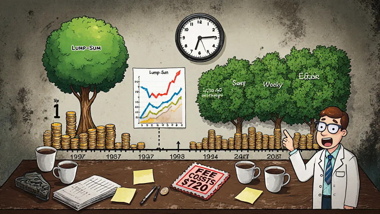 40-year timeline showing lump-sum growing into a tree while DCA forms a smaller bush, with fees and clocks on a desk.
