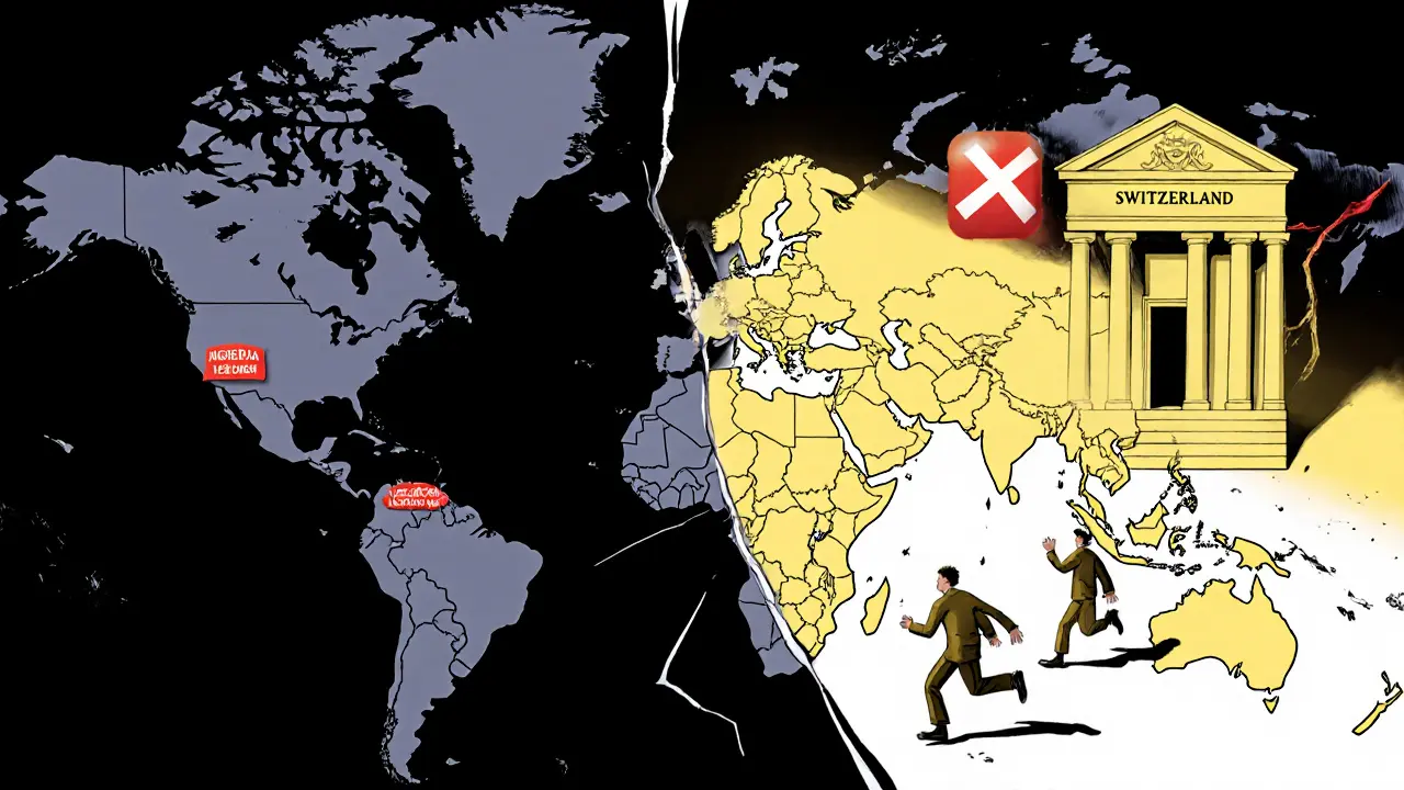 A global map showing countries with blocked vs. open crypto banking access in cartoon style.