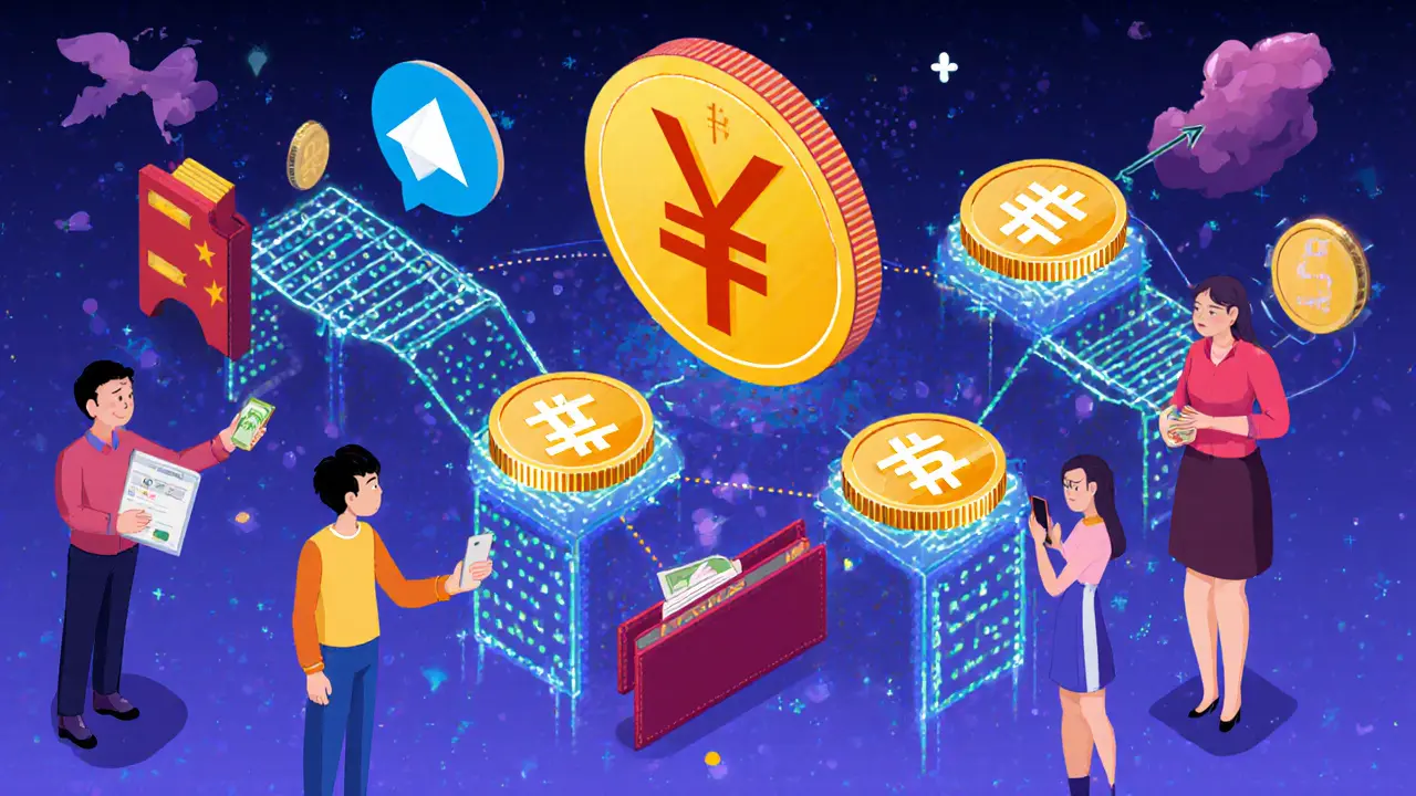 A network of people trading crypto via WeChat, Hong Kong bank accounts, and stablecoins in a cartoon-style underground system.