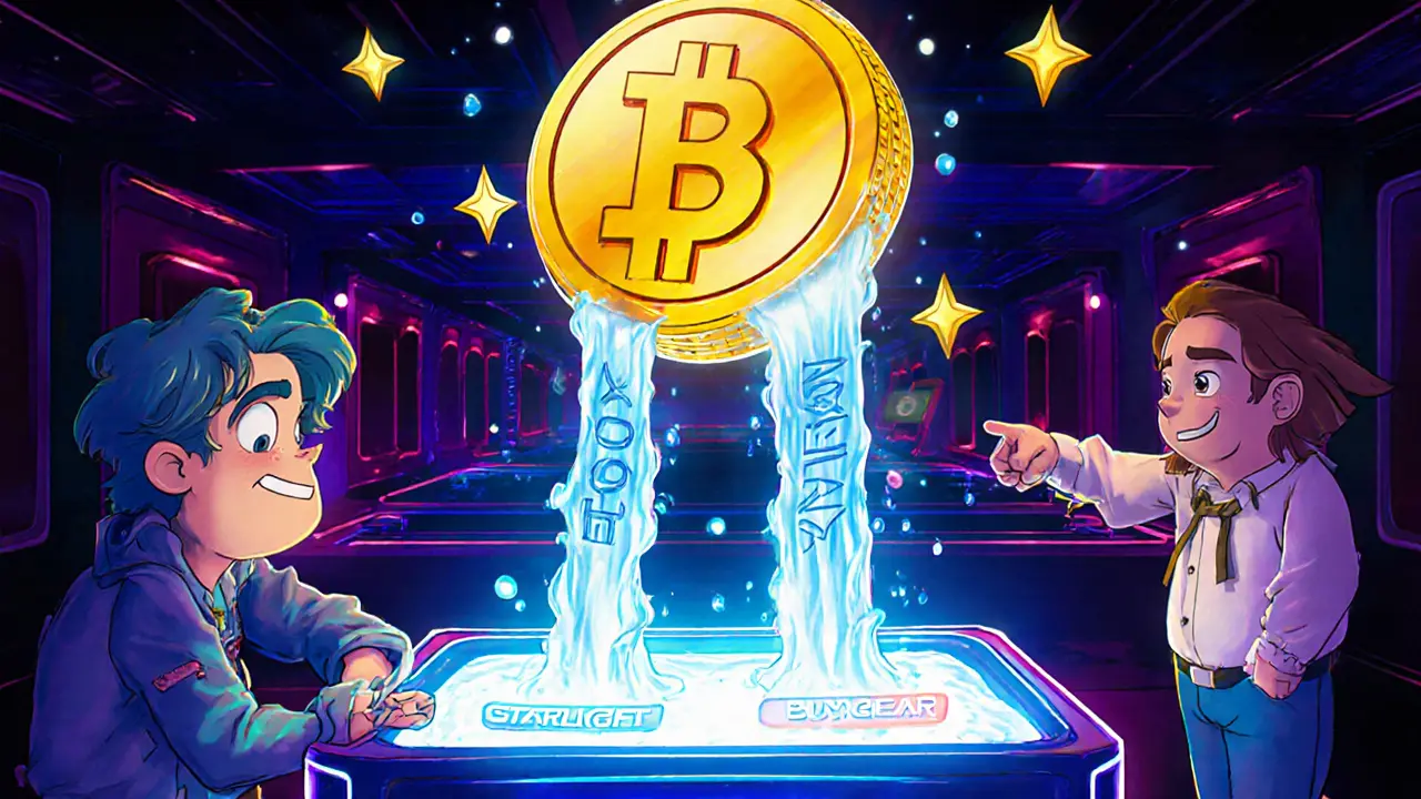 A player converting a token into Starlight and Stardust streams, with a veteran warning them in a cartoon game room.