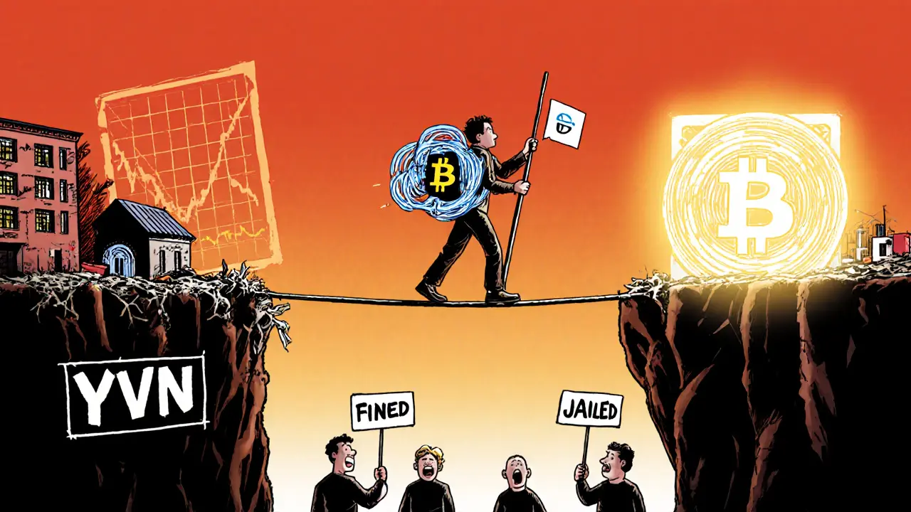 A tightrope walker balancing between financial collapse and state-controlled digital currency, carrying Bitcoin.