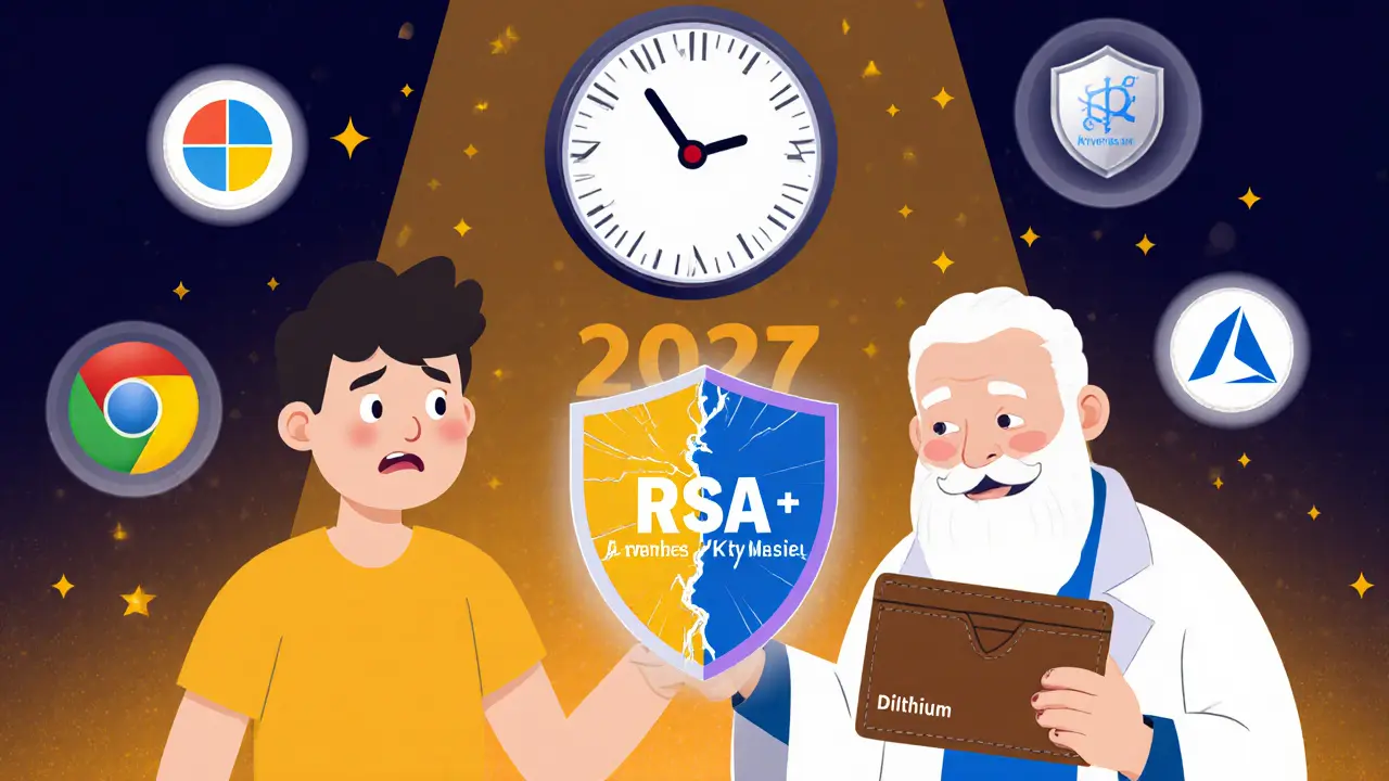 A user receives a quantum-resistant shield from a tech wizard as a 2027 deadline looms.