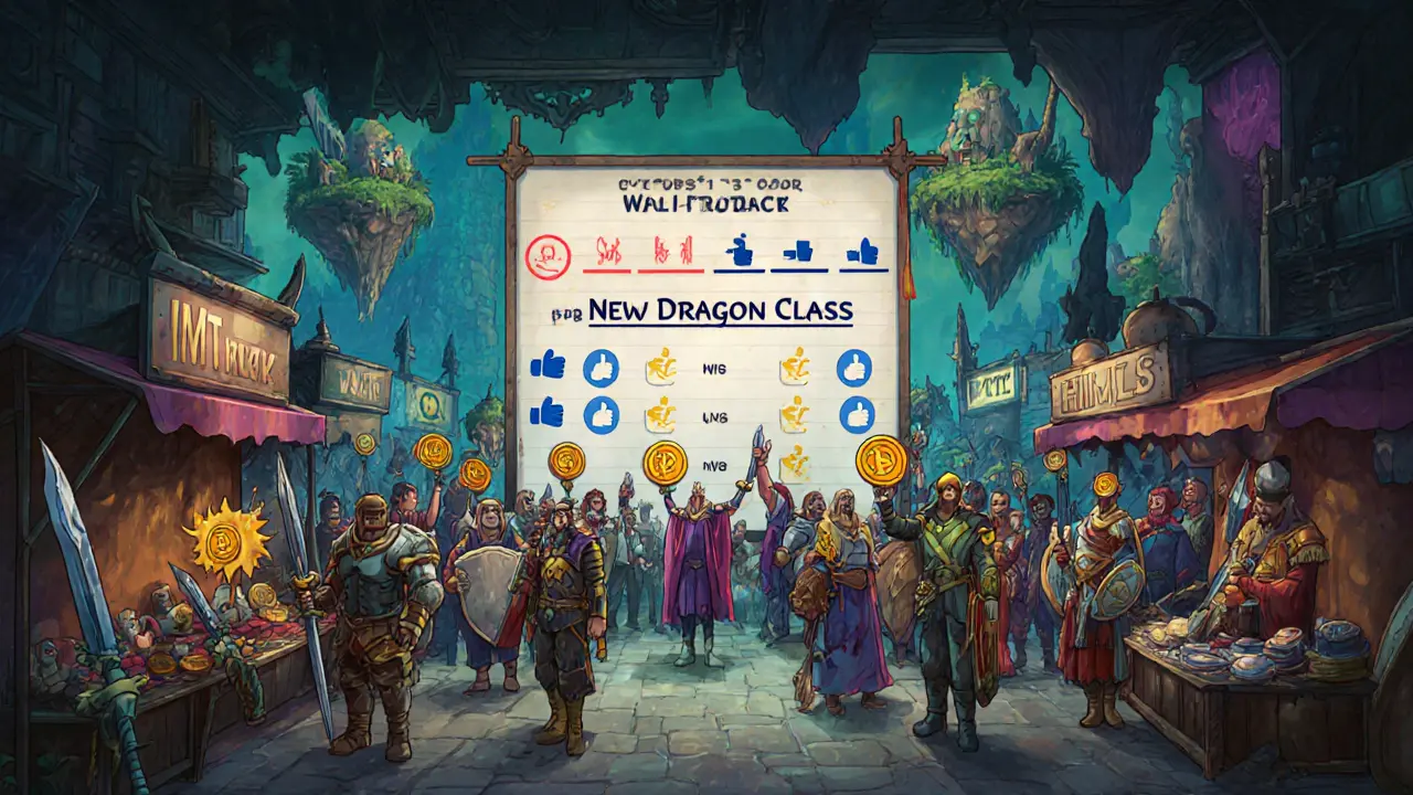 A vibrant marketplace where players trade NFT gear and vote on new game features in a cartoon fantasy setting.