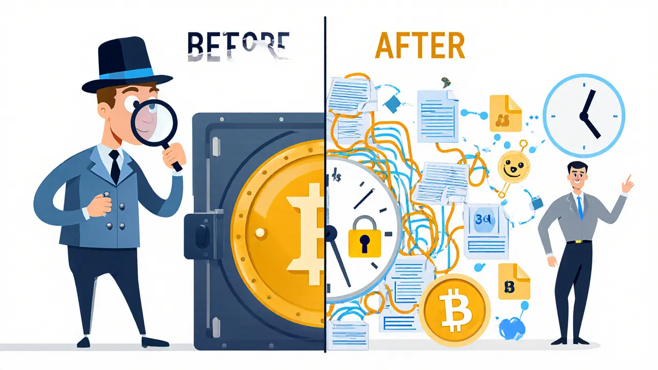 AI detective examines a claim beside a secure blockchain vault, showing fast, fraud-free claims processing.