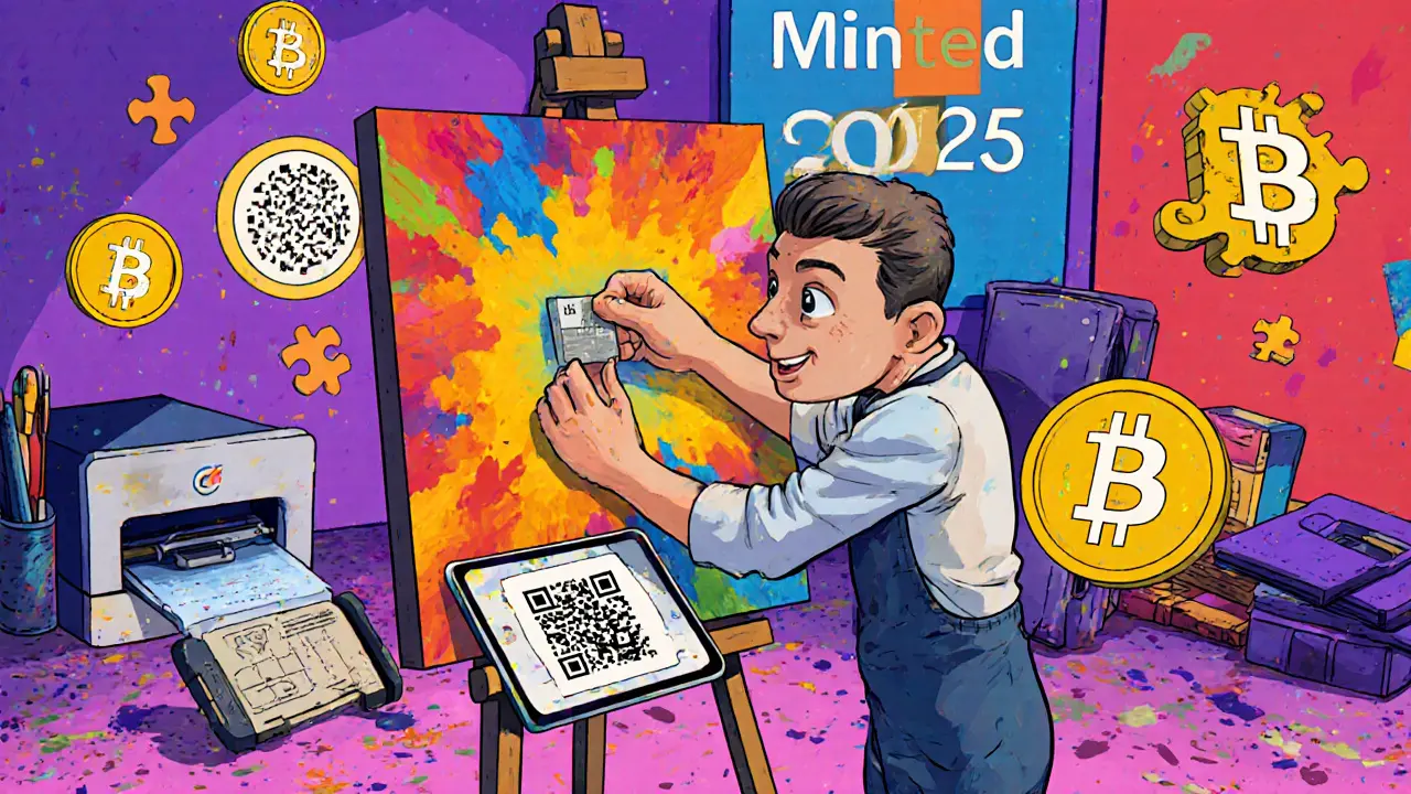 An artist embedding an NFC chip into the back of a canvas while digital icons float nearby.