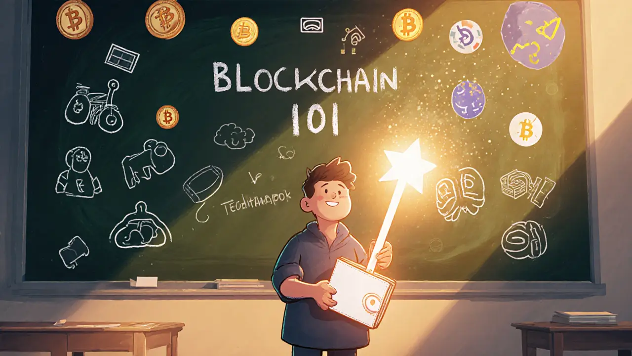 Beginner using a wallet wand in front of a chalkboard explaining blockchain concepts.