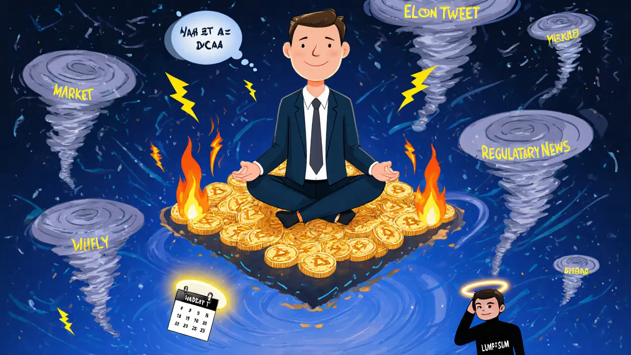 Calm investor meditating on crypto coins as market chaos swirls around them, with DCA drops like gentle rain.