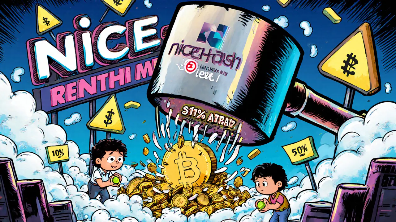 Cartoon attackers renting hash power from a marketplace to attack a small blockchain.