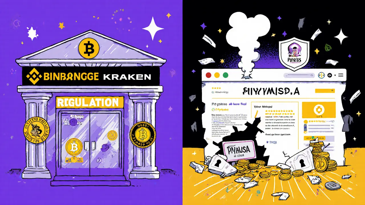 Cartoon comparison: legitimate exchange with badges vs. crumbling scam site with zero volume and broken locks.