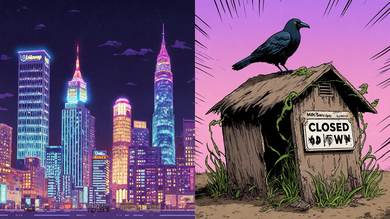 Cartoon comparison: lively DeFi city vs. a ruined MakiSwap shack with weeds and a crow.