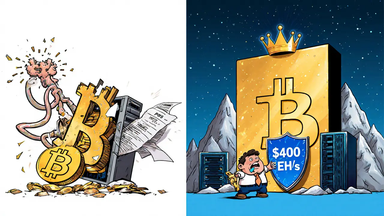 Cartoon comparison of vulnerable small blockchain vs secure Bitcoin with massive mining power.