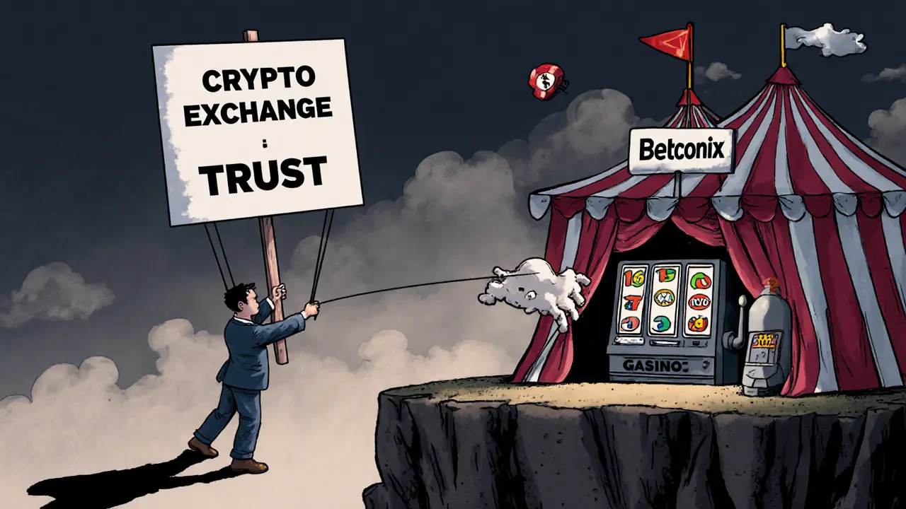 Cartoon investor being tricked as a carnival pulls away their exchange sign.