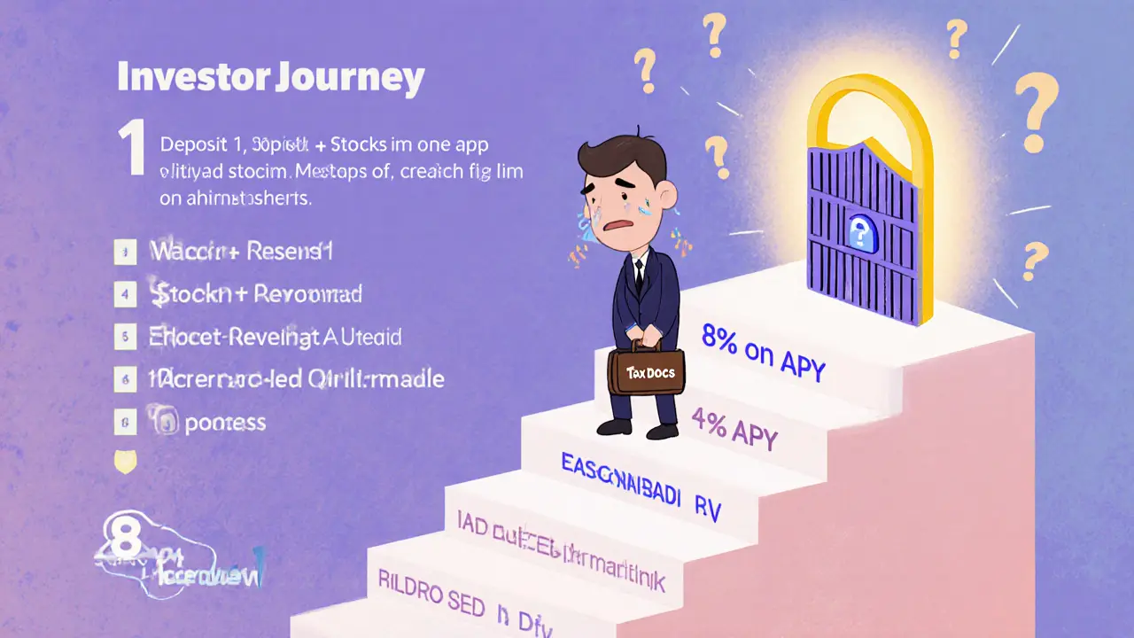 Cartoon investor climbing a ladder to high-yield cash rewards with SEC warning above.