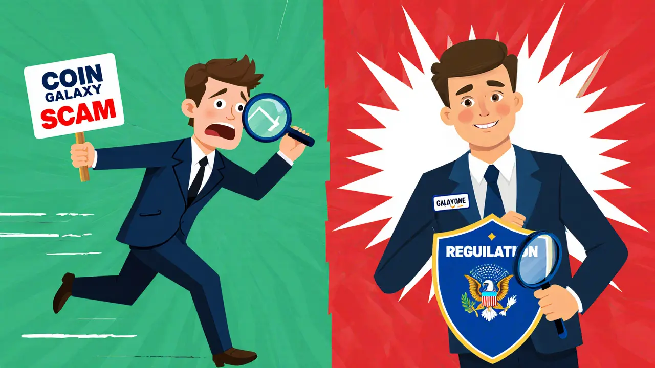Cartoon scam vs. secure trading scene with SEC agent chasing fake Coin Galaxy sign.