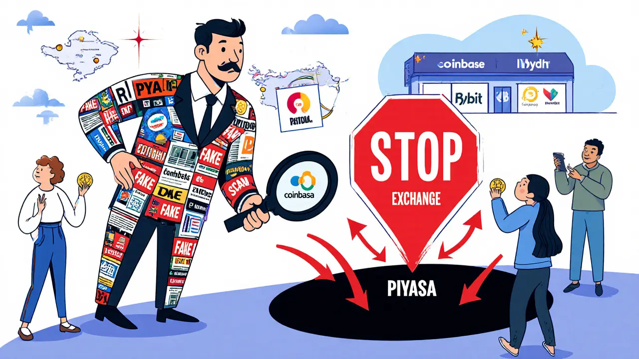 Cartoon scammer using Turkish names to trick victims into losing crypto, while real exchanges shine safely nearby.