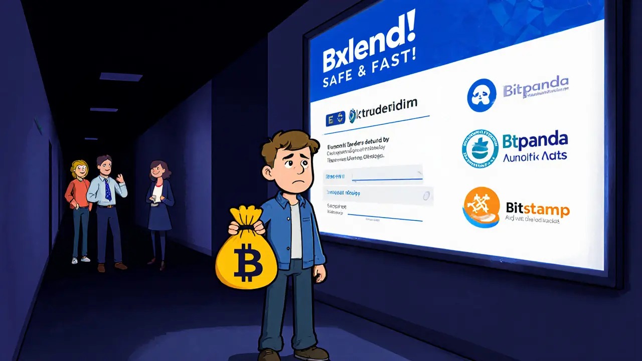 Cautious trader facing a flashy but empty Bxlend billboard while trusted exchanges glow nearby