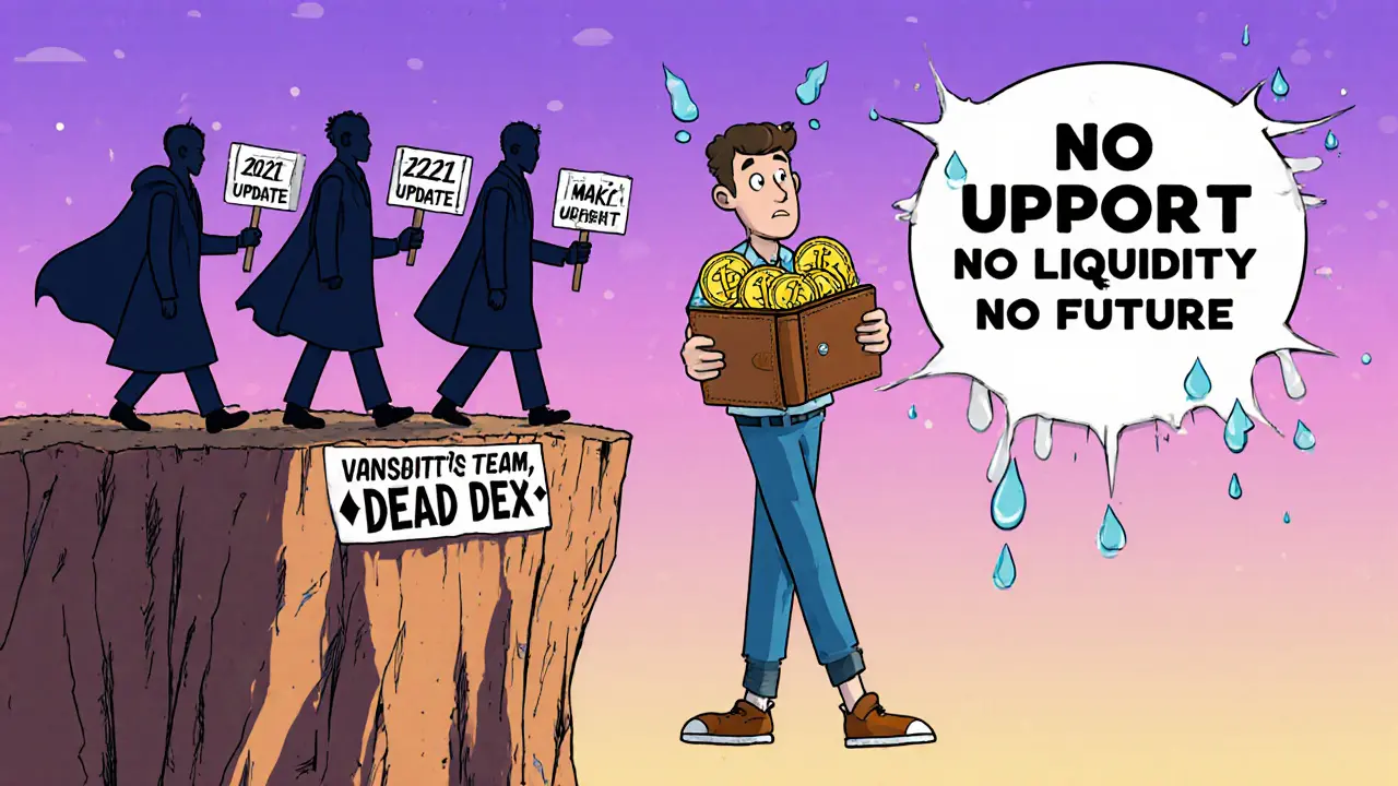 Confused trader at a cliff labeled &#039;Dead DEX&#039; as the team walks away, warning sign above.