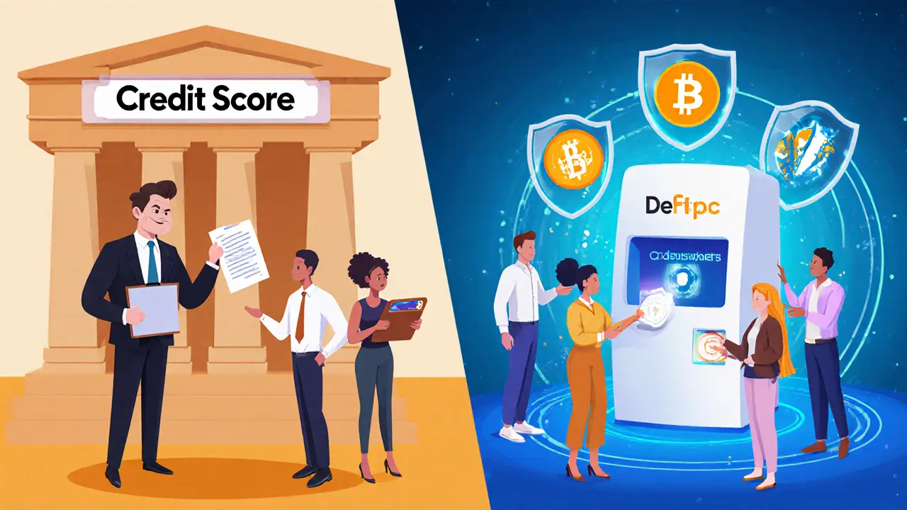 Contrast between traditional loan approval with paperwork and instant DeFi lending with crypto collateral.