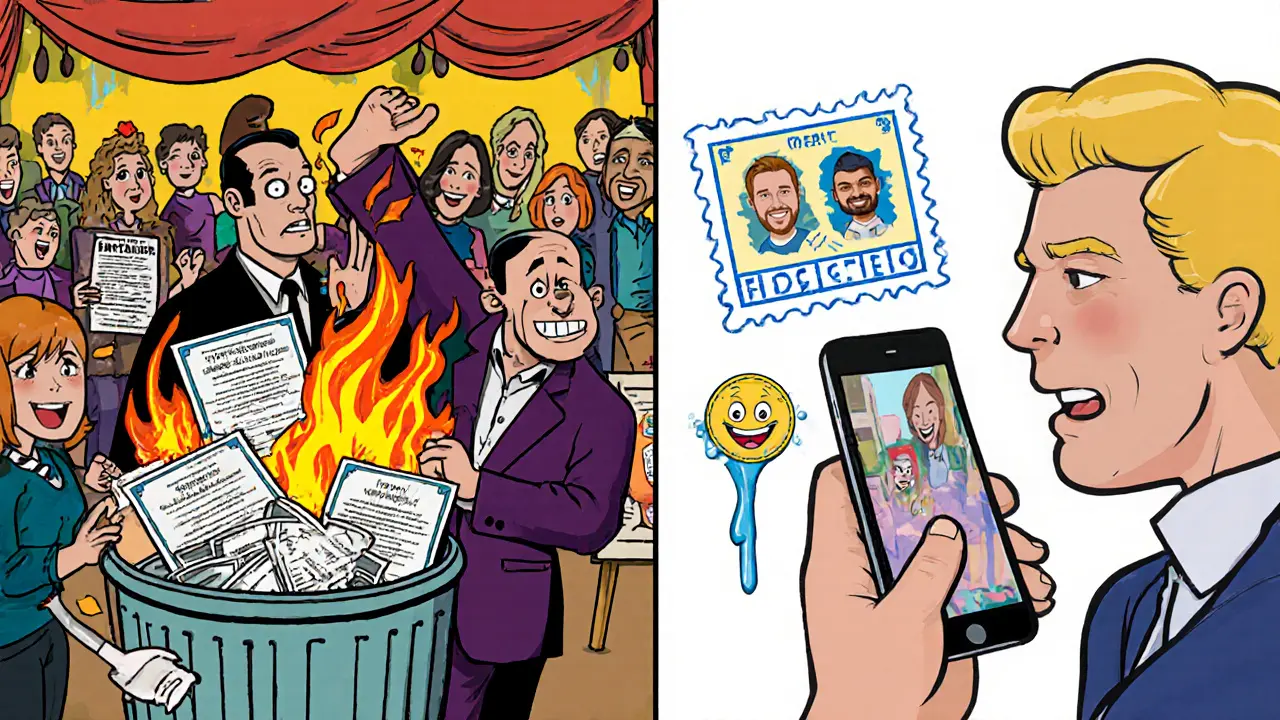 Contrasting scene: fake certificates burning vs. a verified painting with blockchain proof.