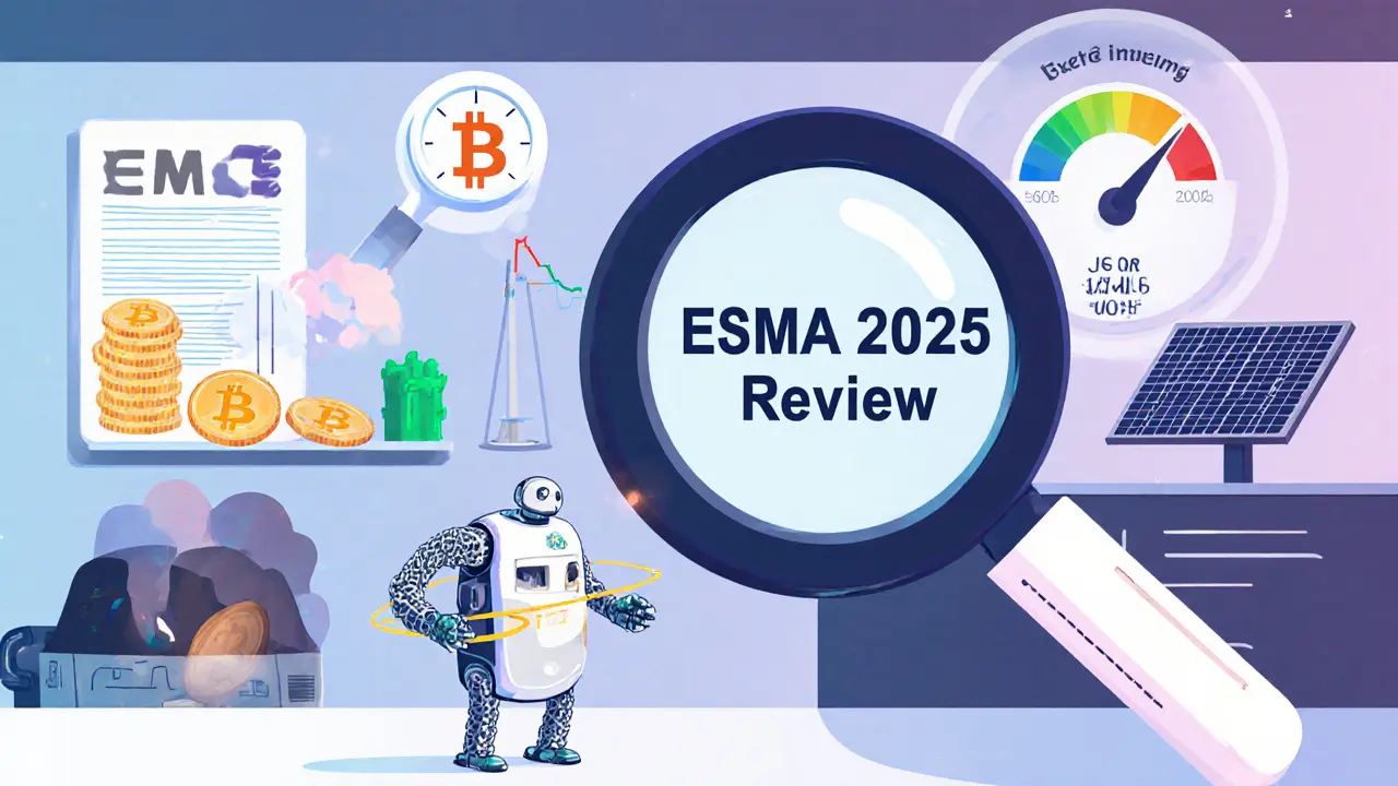 DeFi robot being reviewed by ESMA with stablecoin pressure gauges and green energy meter