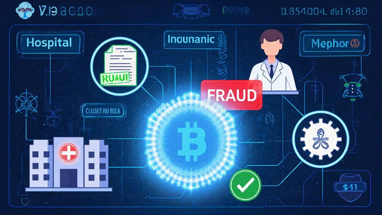 Digital dashboard with glowing blockchain nodes connecting insurers, hospitals, and auditors, blocking a fake claim with a smart contract.