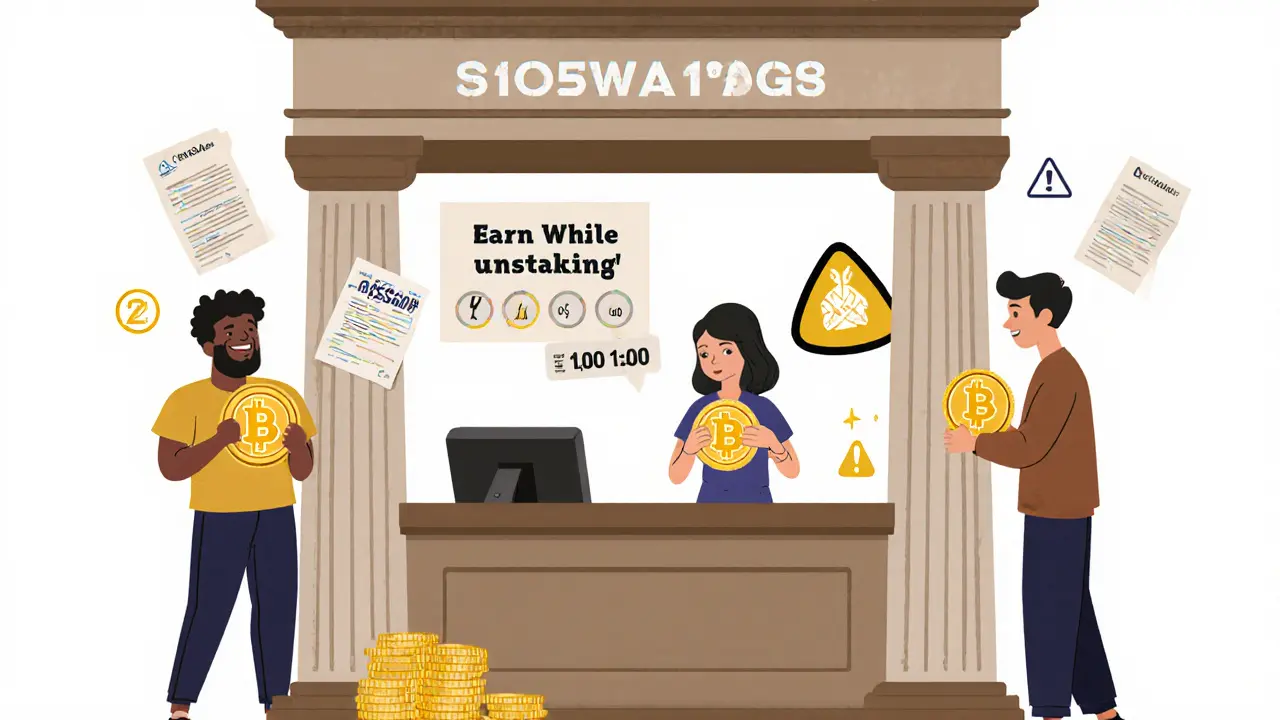 Diverse people staking different cryptocurrencies at a friendly staking counter