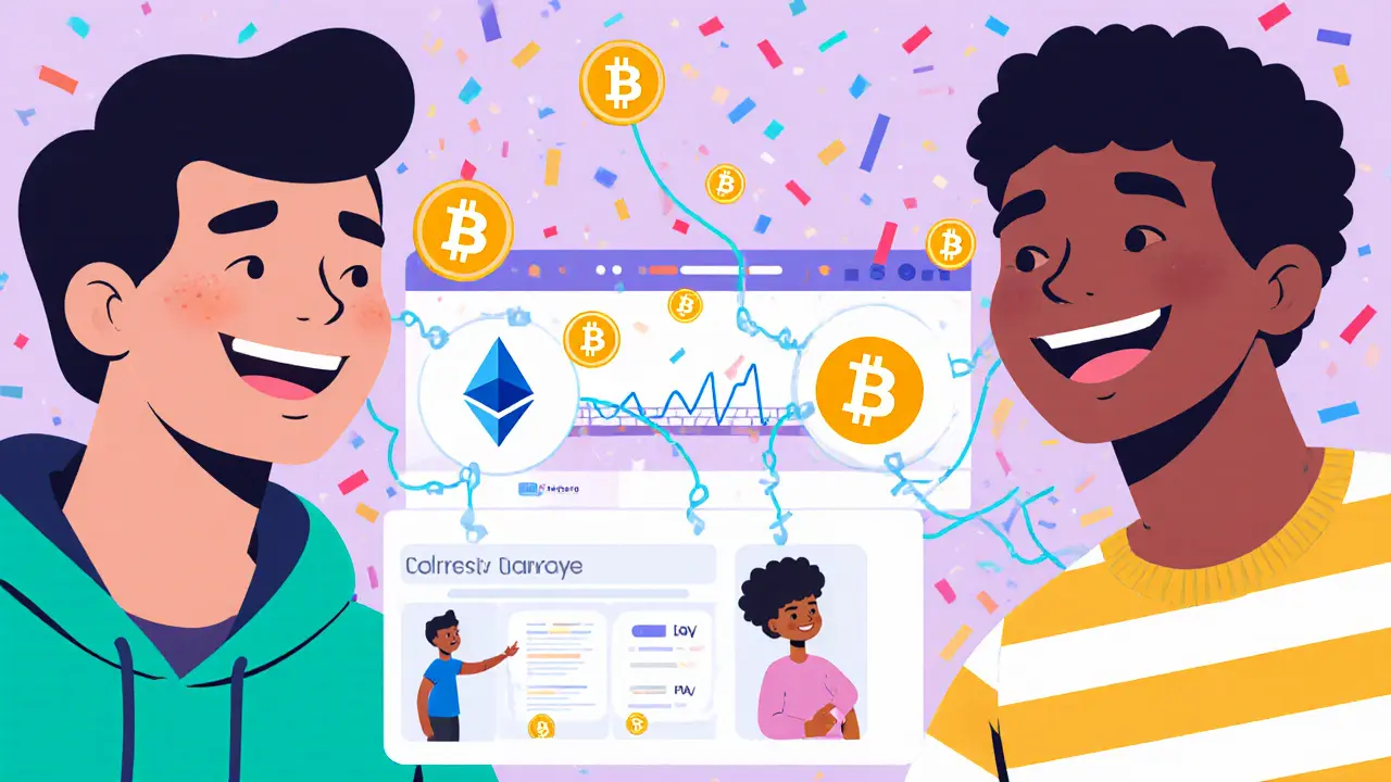 Diverse users following cross-chain trading vaults with SOFI tokens raining down in cartoon illustration