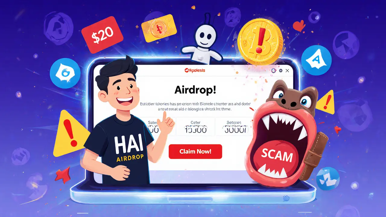 Fake HAI airdrop website scamming a user with draining wallet and warning signs in cartoon style.