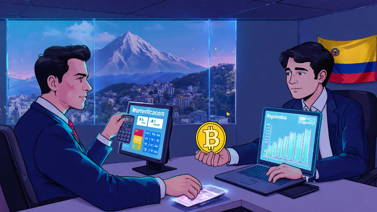 Fintech team using compliance software to track crypto transactions, COPW token in hand.