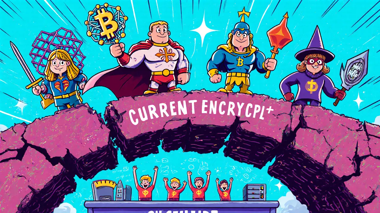 Four cartoon superhero algorithms defending a digital bridge against collapsing encryption.