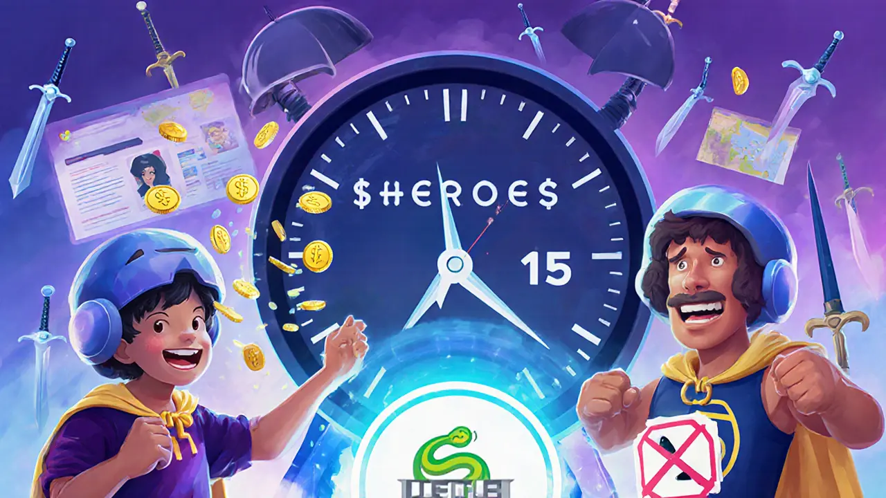 Gamer characters near a countdown clock, one receiving tokens while avoiding a phishing site in cartoon style.