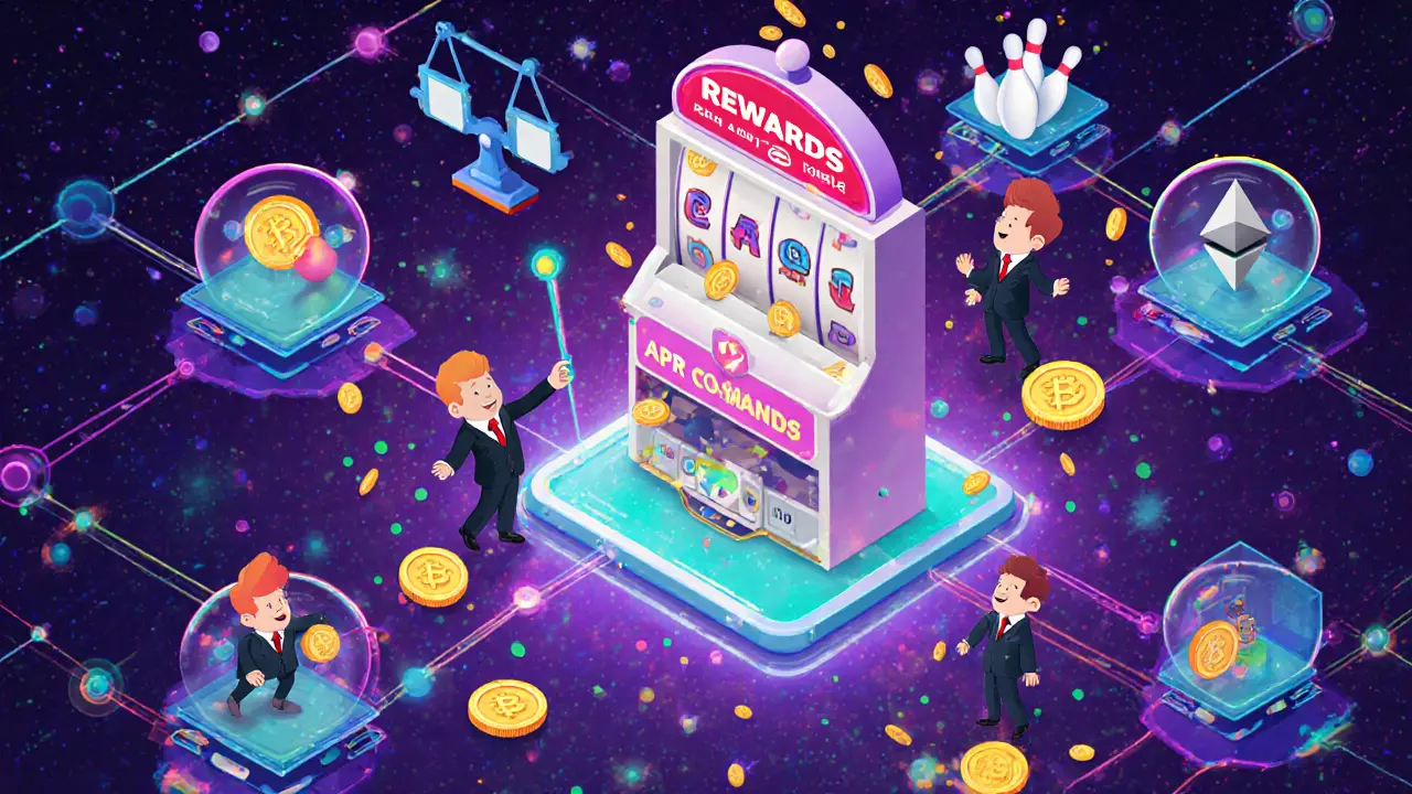 Glowing blockchain network with cartoon validators staking coins and earning rewards