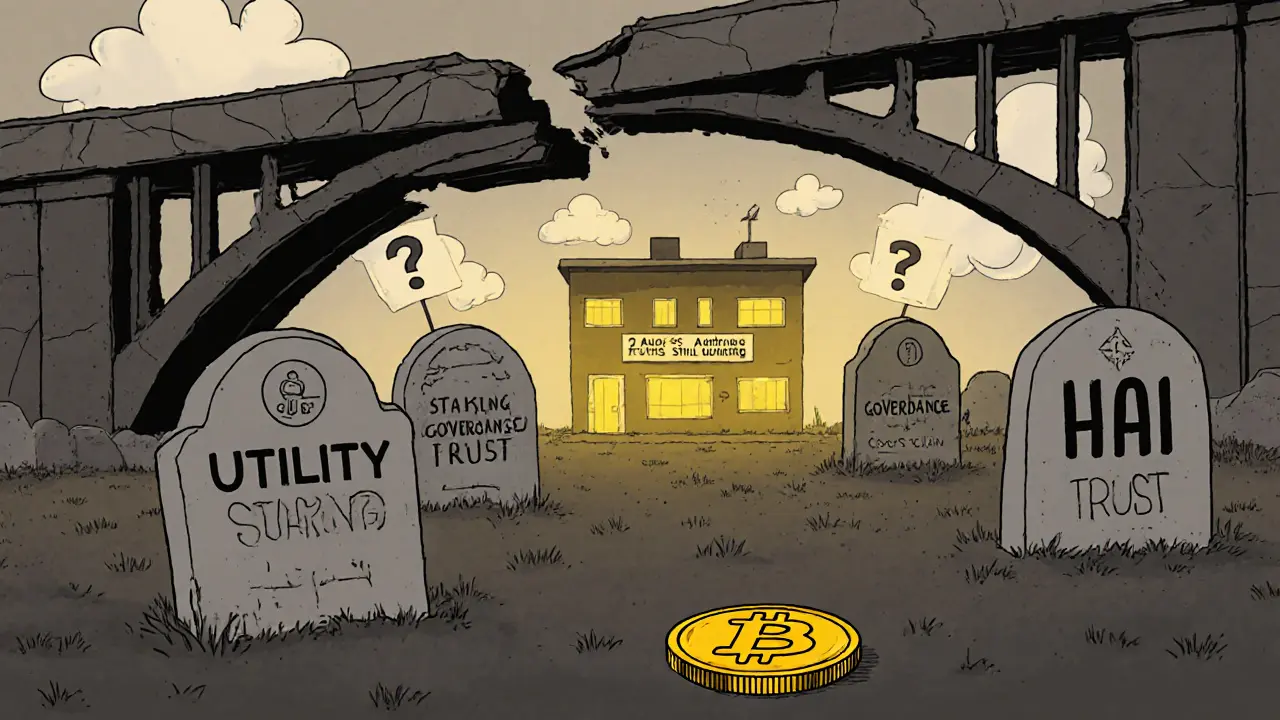 Graveyard of dead HAI token functions under a broken bridge, with Hacken office safe in distance.