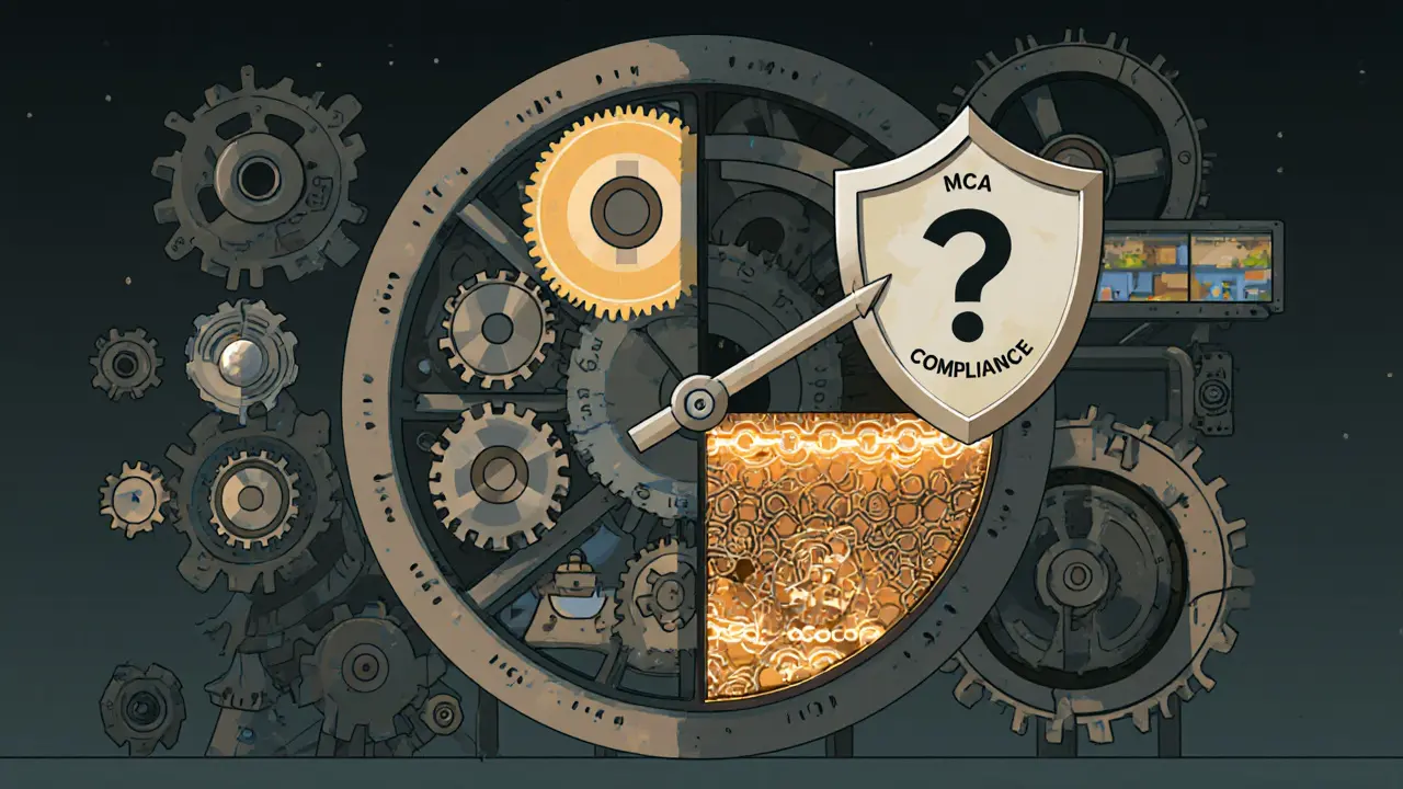 Hybrid crypto exchange shown as a clockwork machine with blockchain and centralization elements