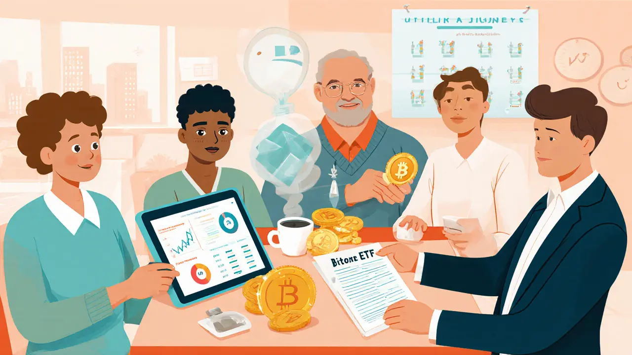 Investors in a coffee shop using AI tools and buying tokenized real estate.