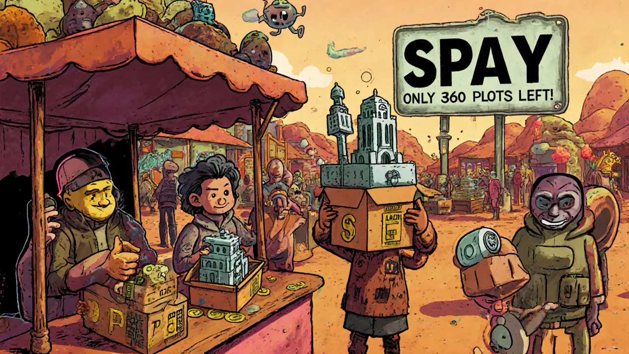 Martian marketplace where players trade rare towers and land plots using SPAY tokens.