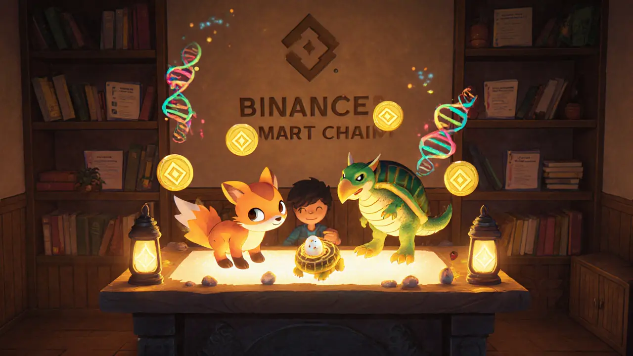 Player breeding two NFT creatures with a glowing egg hatching nearby