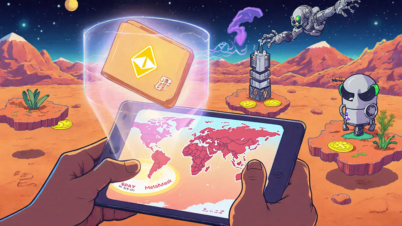 Player connecting a wallet to a holographic Mars map with NFT land parcels and approaching alien robots.