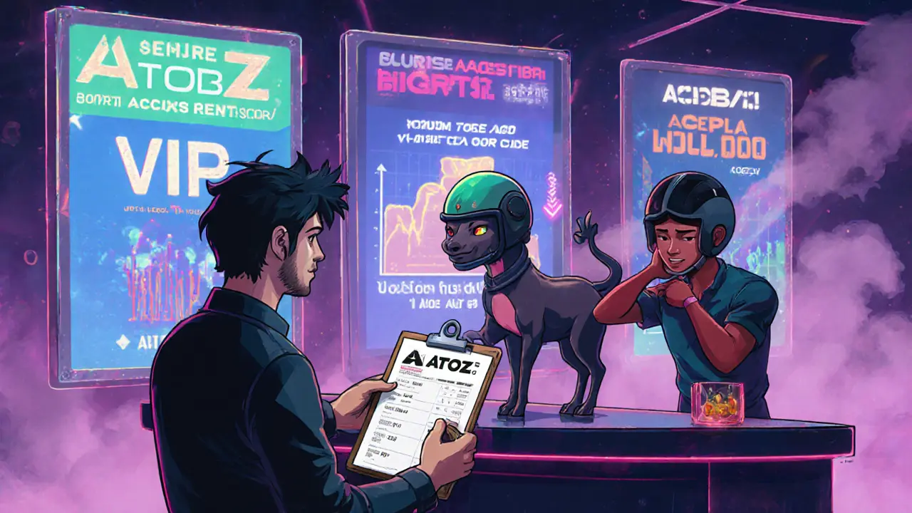 Player renting a racing NFT creature at a neon-lit virtual arena kiosk