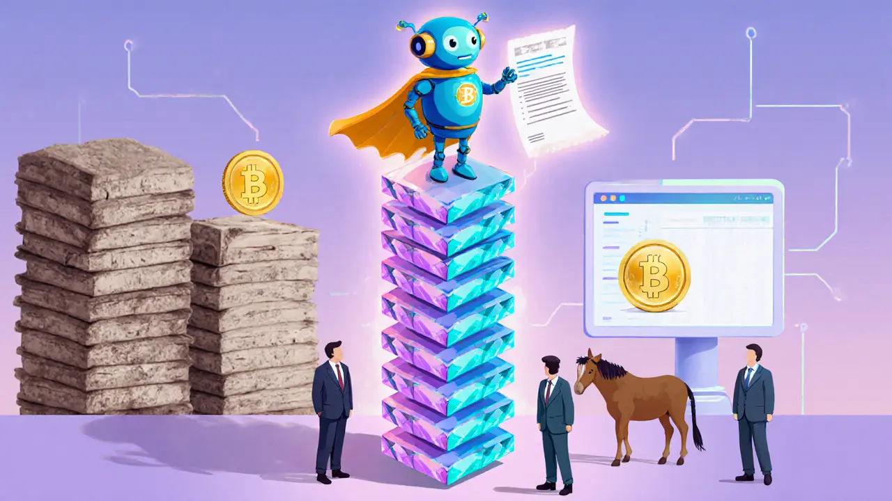 Robot validator atop a block chain transforming paper deeds into digital tokens.