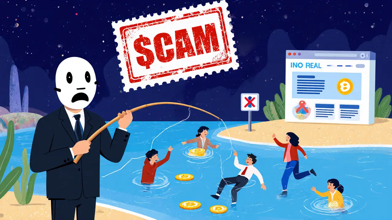 Scammer fishing for crypto victims with fake promises while real exchanges stay safe on shore.
