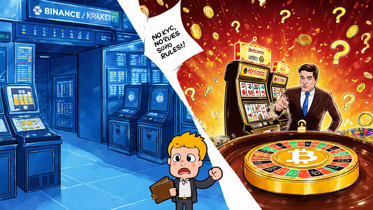 Split-screen cartoon comparing a real crypto exchange with a deceptive casino platform.