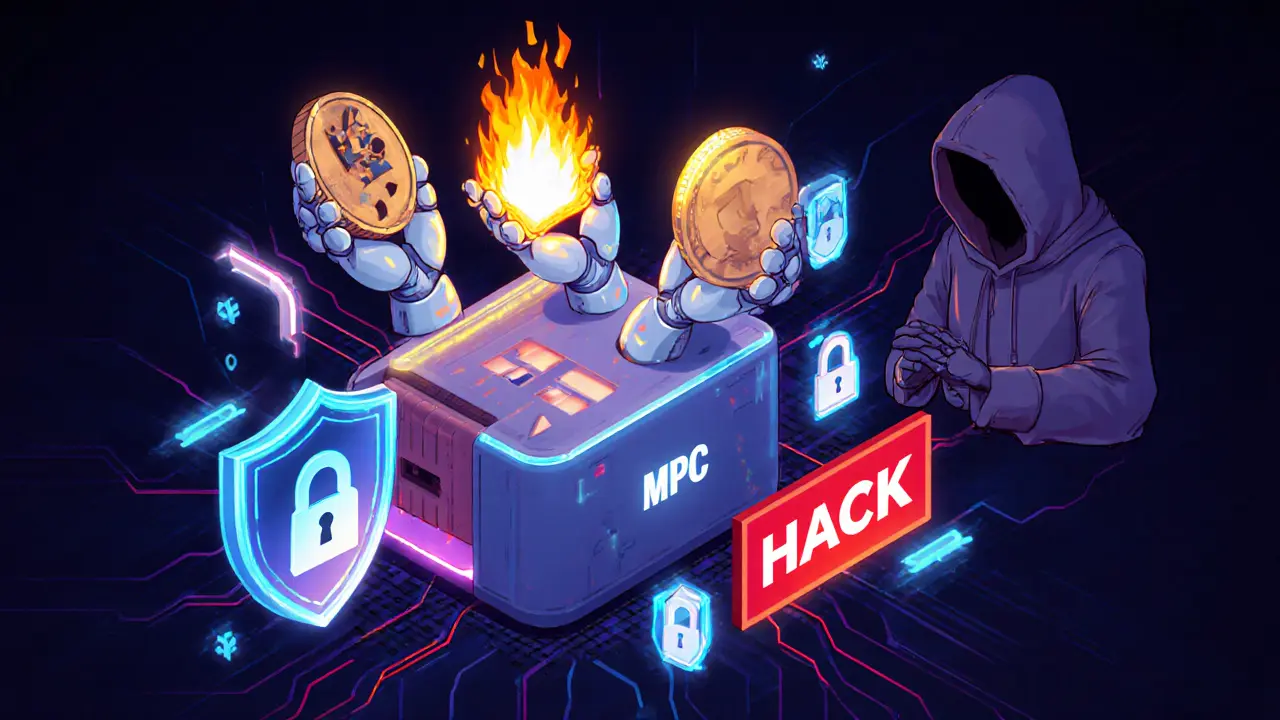 Three robotic hands securing a crypto wallet with digital shields blocking a hacker.