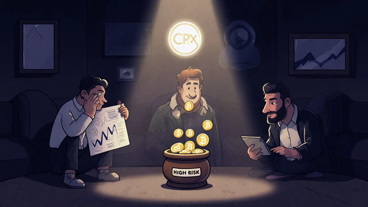 Three users representing DeFi hobbyist, arbitrage trader, and speculator near a glowing CRODEX logo