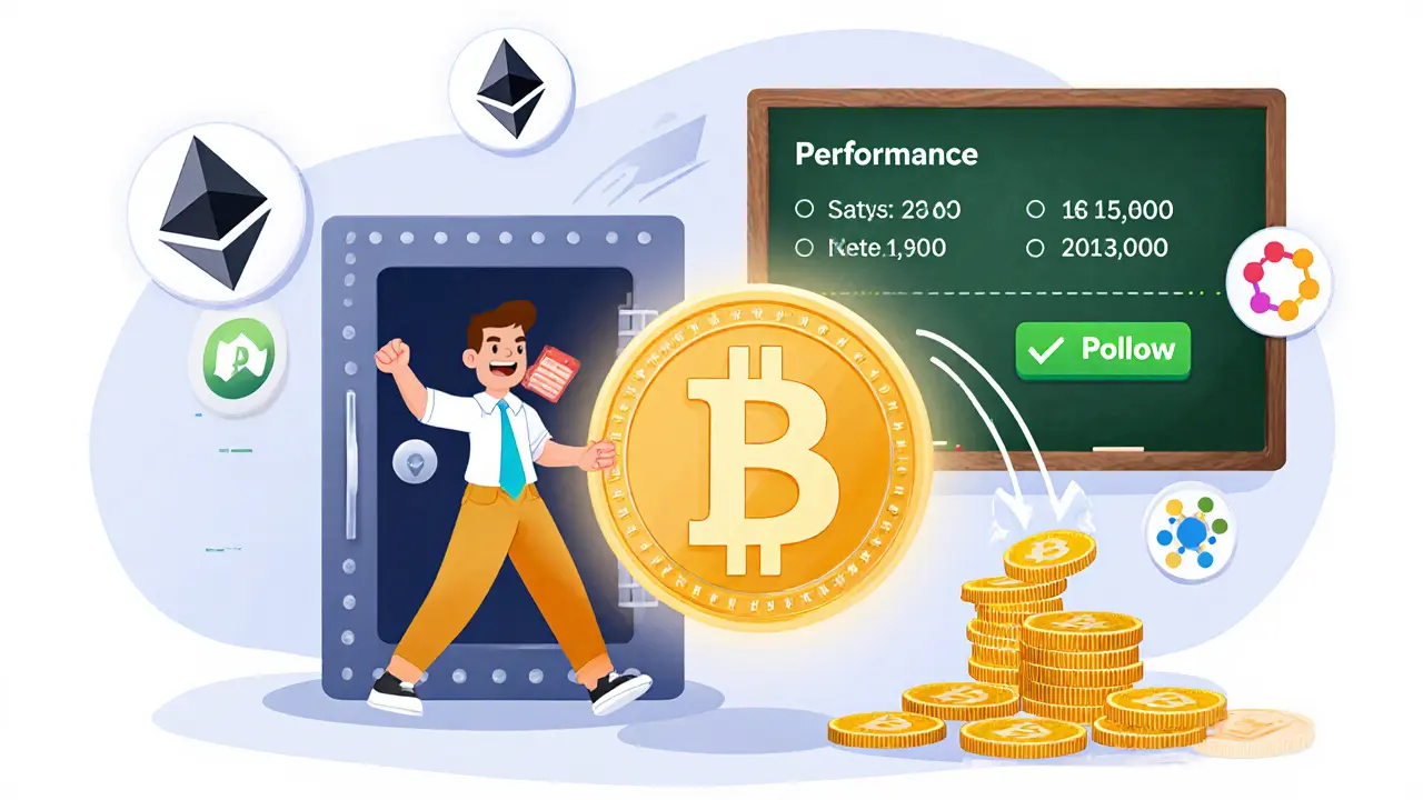 User withdrawing profits from a vault with glowing SOFI token and blockchain icons in cartoon style