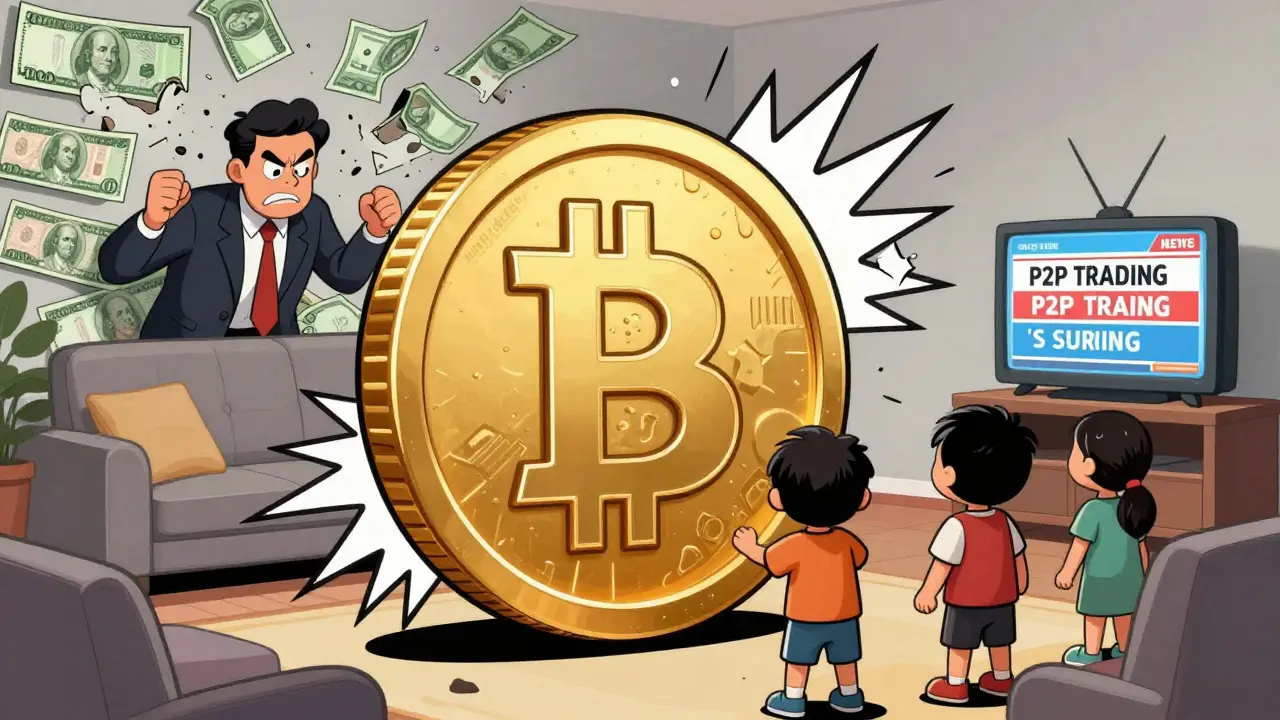 A Bitcoin shield protecting a family from crumbling naira bills and a frustrated bank official.